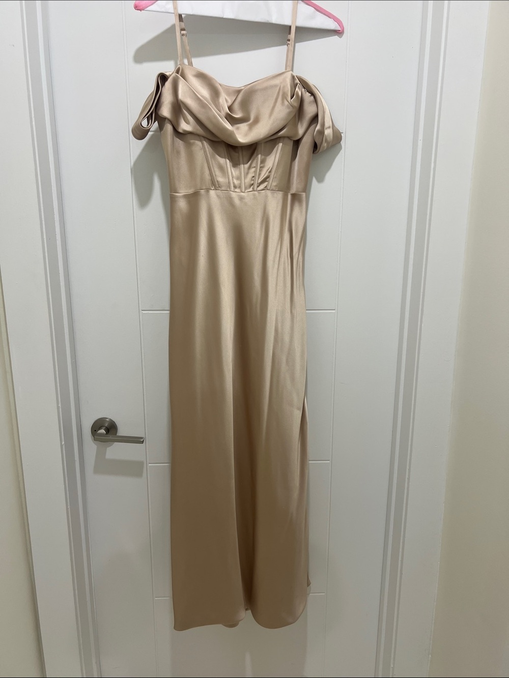 Revelry Satin Draped Neck Maxi Dress in Champagne